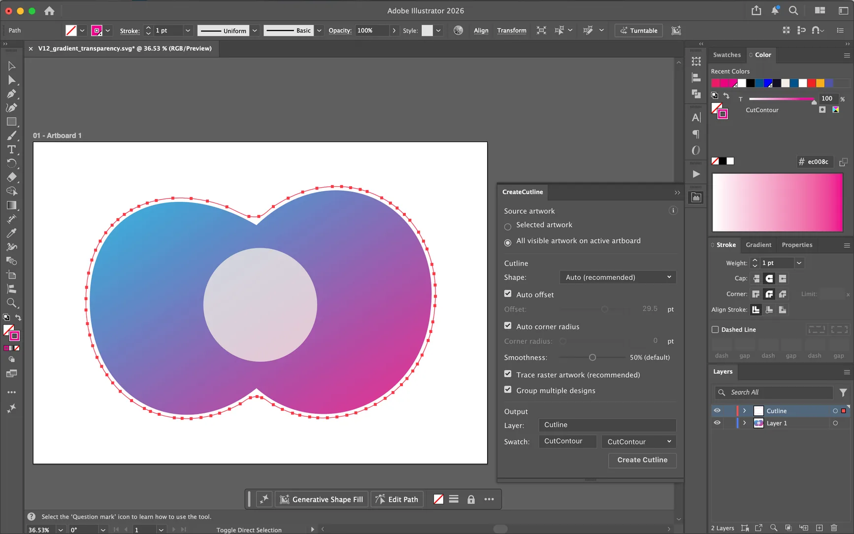 CreateCutline panel drawing a magenta cutline around overlapping gradient circles in Adobe Illustrator 2026